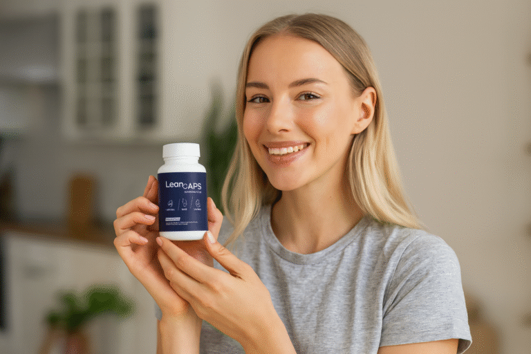 une femme qui tien une boite de leancaps