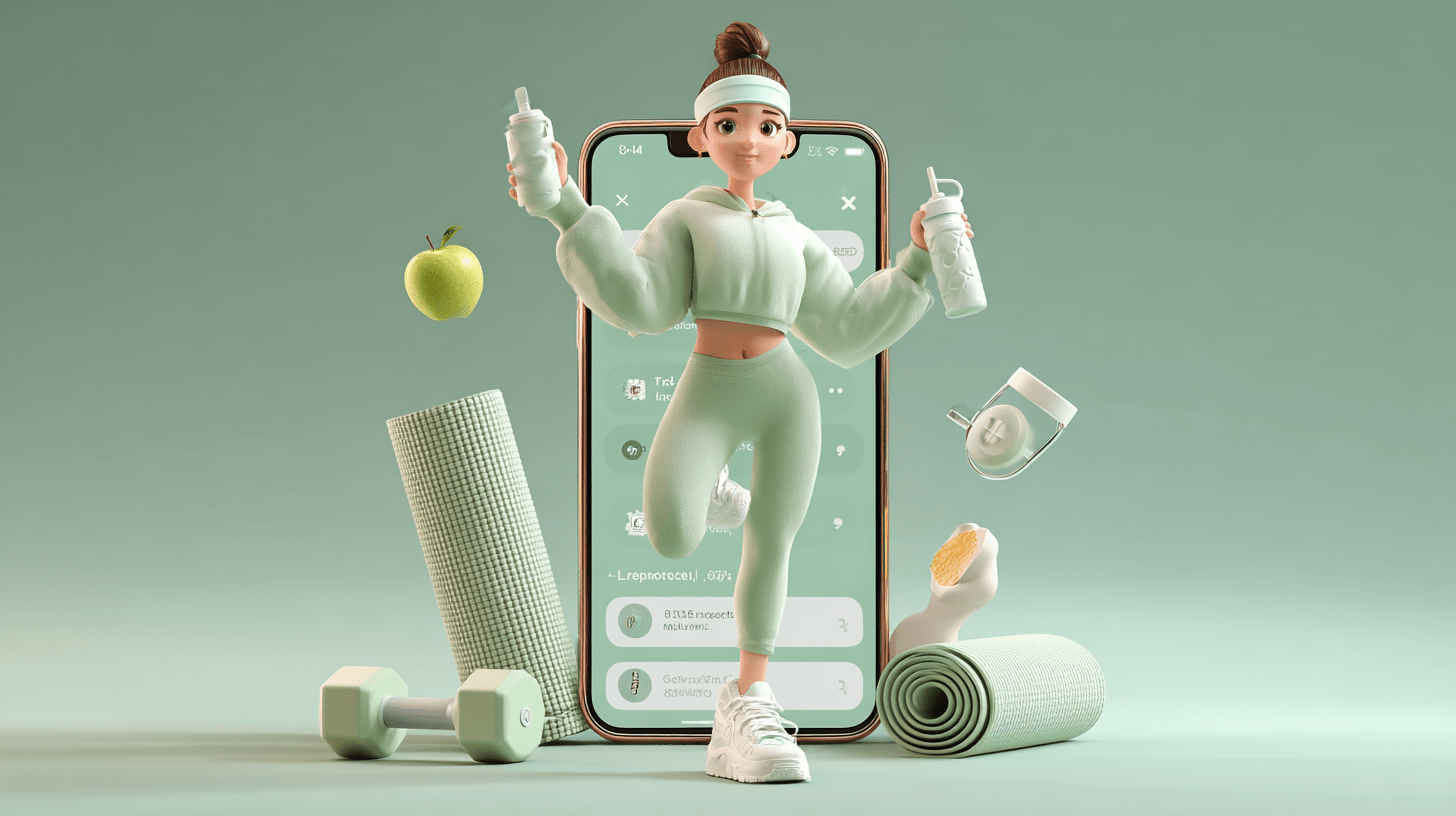 App fitness bien-être 3D avec femme sportive. Interface entraînement et motivation santé pour un lifestyle équilibré et naturel.